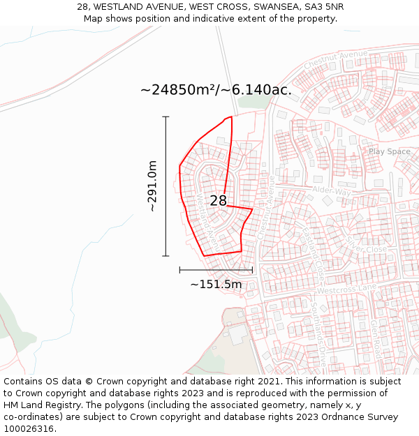28, WESTLAND AVENUE, WEST CROSS, SWANSEA, SA3 5NR: Plot and title map