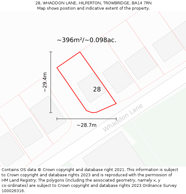 28, WHADDON LANE, HILPERTON, TROWBRIDGE, BA14 7RN: Plot and title map