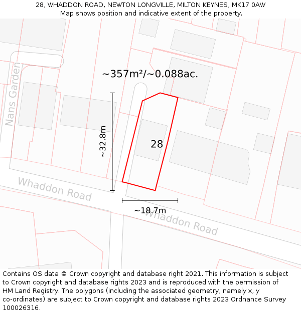 28, WHADDON ROAD, NEWTON LONGVILLE, MILTON KEYNES, MK17 0AW: Plot and title map