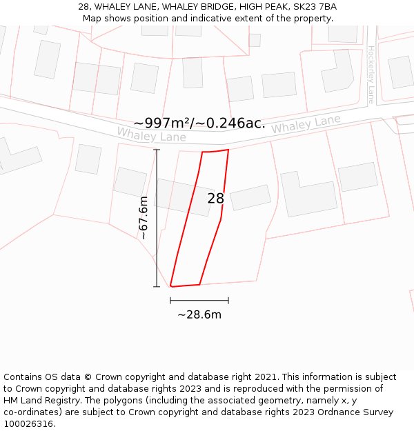 28, WHALEY LANE, WHALEY BRIDGE, HIGH PEAK, SK23 7BA: Plot and title map