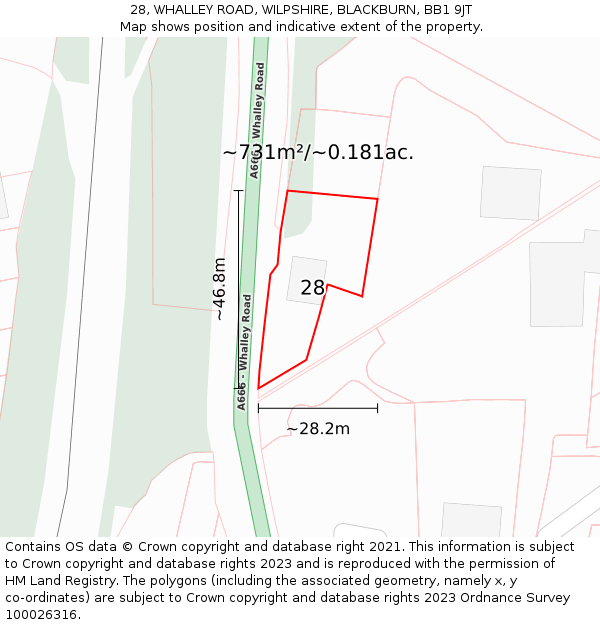 28, WHALLEY ROAD, WILPSHIRE, BLACKBURN, BB1 9JT: Plot and title map