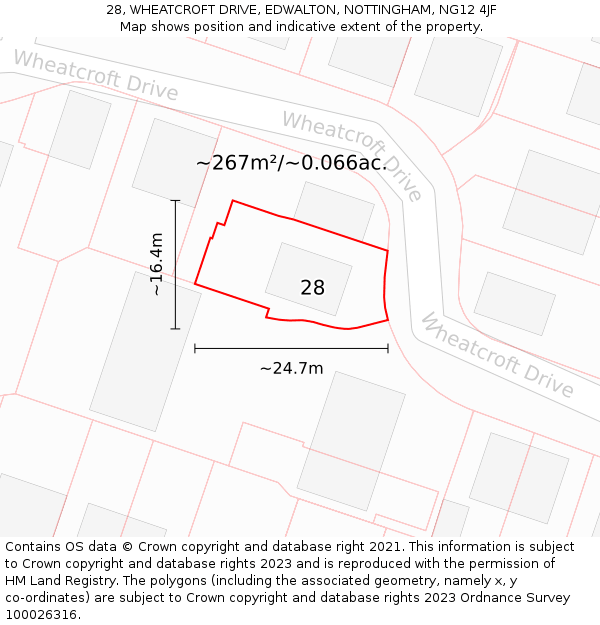 28, WHEATCROFT DRIVE, EDWALTON, NOTTINGHAM, NG12 4JF: Plot and title map