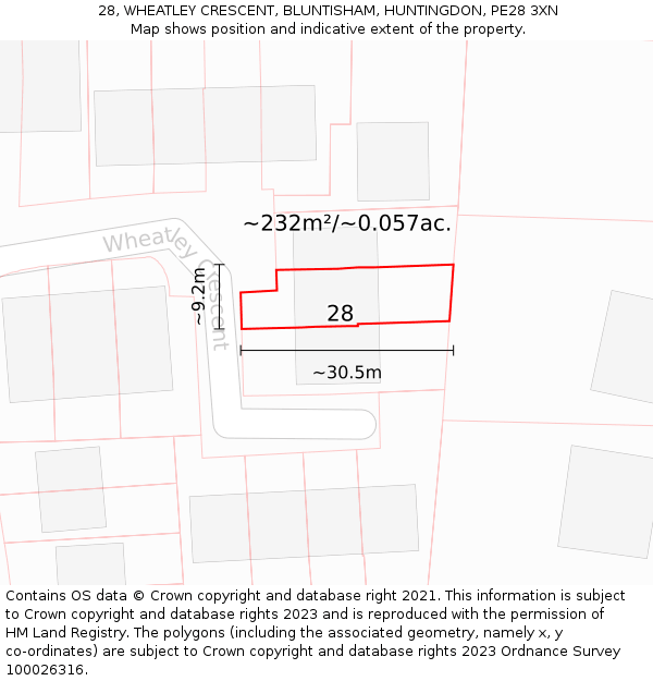 28, WHEATLEY CRESCENT, BLUNTISHAM, HUNTINGDON, PE28 3XN: Plot and title map