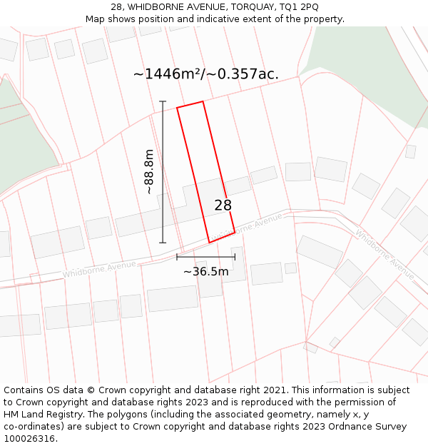 28, WHIDBORNE AVENUE, TORQUAY, TQ1 2PQ: Plot and title map