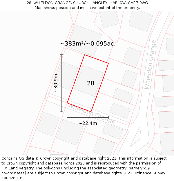 28, WHIELDON GRANGE, CHURCH LANGLEY, HARLOW, CM17 9WG: Plot and title map