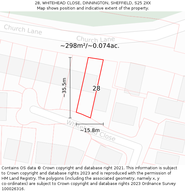 28, WHITEHEAD CLOSE, DINNINGTON, SHEFFIELD, S25 2XX: Plot and title map