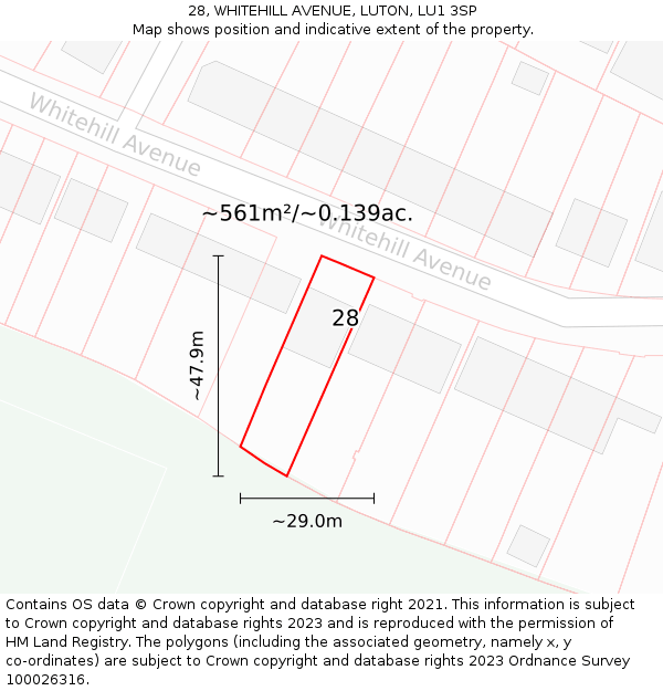 28, WHITEHILL AVENUE, LUTON, LU1 3SP: Plot and title map