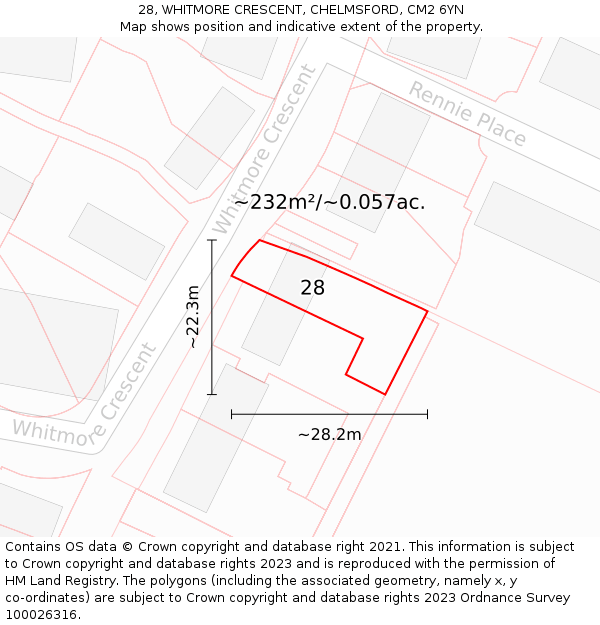 28, WHITMORE CRESCENT, CHELMSFORD, CM2 6YN: Plot and title map