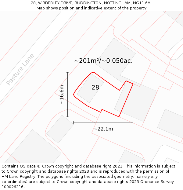 28, WIBBERLEY DRIVE, RUDDINGTON, NOTTINGHAM, NG11 6AL: Plot and title map