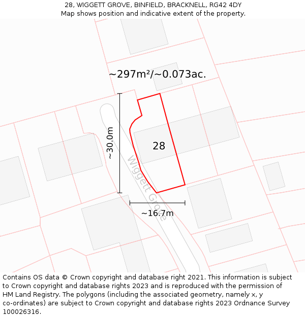 28, WIGGETT GROVE, BINFIELD, BRACKNELL, RG42 4DY: Plot and title map