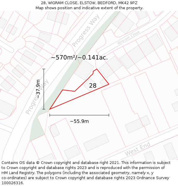 28, WIGRAM CLOSE, ELSTOW, BEDFORD, MK42 9PZ: Plot and title map