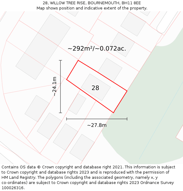 28, WILLOW TREE RISE, BOURNEMOUTH, BH11 8EE: Plot and title map