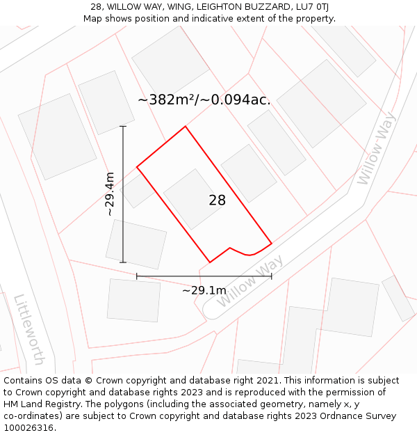 28, WILLOW WAY, WING, LEIGHTON BUZZARD, LU7 0TJ: Plot and title map
