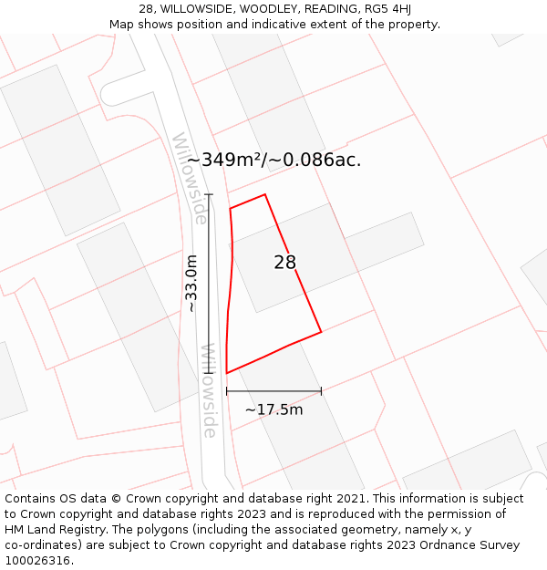 28, WILLOWSIDE, WOODLEY, READING, RG5 4HJ: Plot and title map