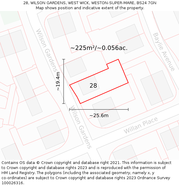28, WILSON GARDENS, WEST WICK, WESTON-SUPER-MARE, BS24 7GN: Plot and title map