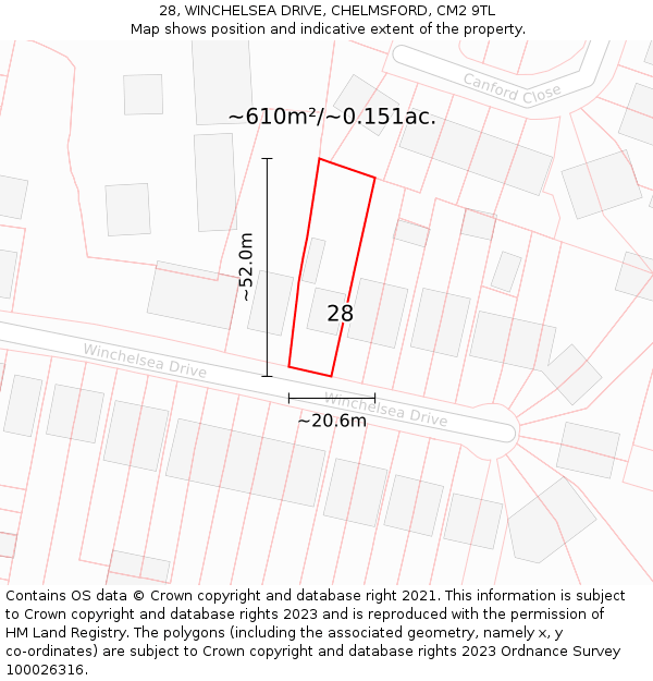 28, WINCHELSEA DRIVE, CHELMSFORD, CM2 9TL: Plot and title map