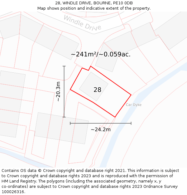 28, WINDLE DRIVE, BOURNE, PE10 0DB: Plot and title map