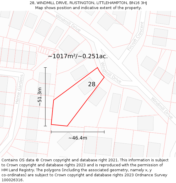 28, WINDMILL DRIVE, RUSTINGTON, LITTLEHAMPTON, BN16 3HJ: Plot and title map