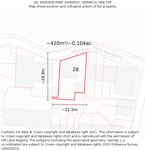 28, WINDSOR PARK GARDENS, NORWICH, NR6 7PR: Plot and title map