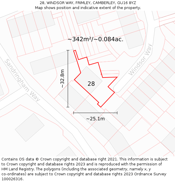 28, WINDSOR WAY, FRIMLEY, CAMBERLEY, GU16 8YZ: Plot and title map