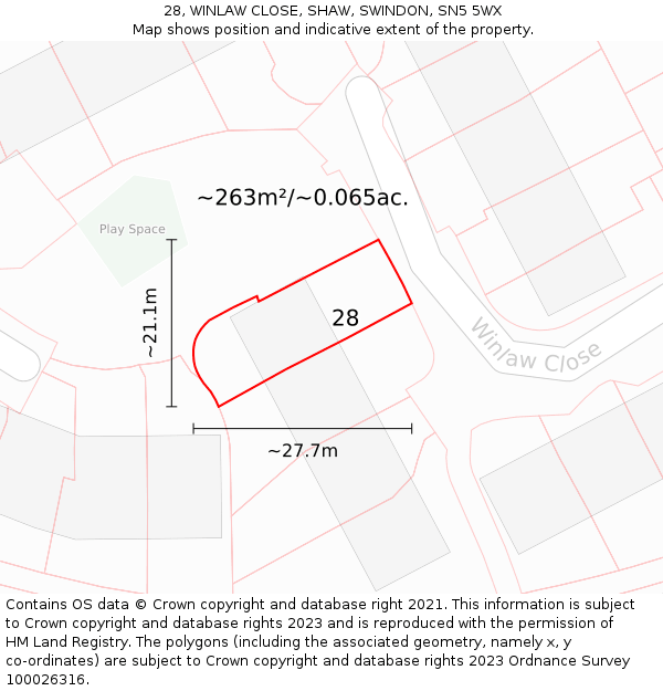 28, WINLAW CLOSE, SHAW, SWINDON, SN5 5WX: Plot and title map