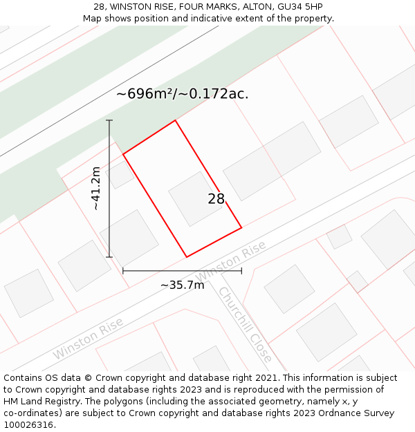 28, WINSTON RISE, FOUR MARKS, ALTON, GU34 5HP: Plot and title map