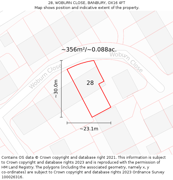 28, WOBURN CLOSE, BANBURY, OX16 4FT: Plot and title map