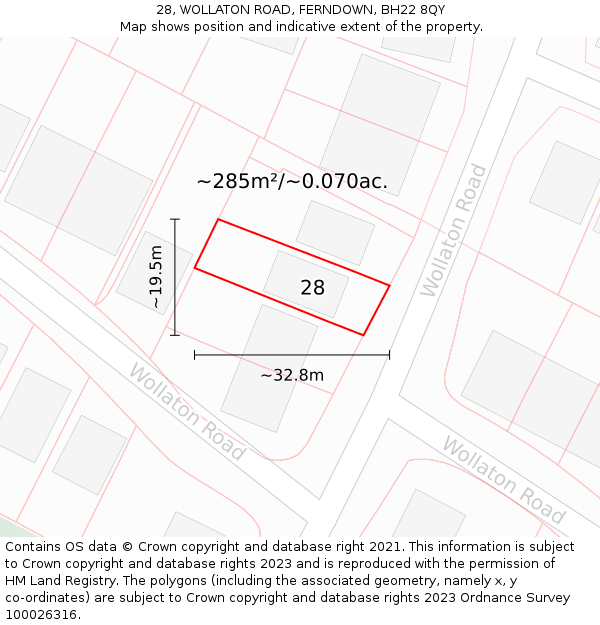 28, WOLLATON ROAD, FERNDOWN, BH22 8QY: Plot and title map