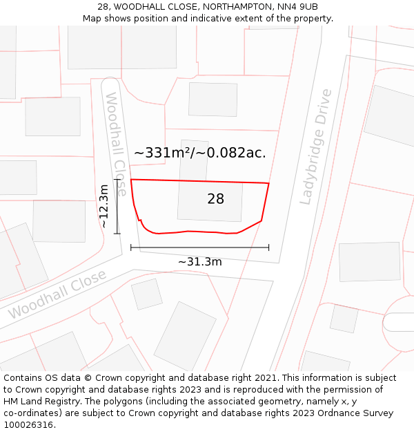 28, WOODHALL CLOSE, NORTHAMPTON, NN4 9UB: Plot and title map