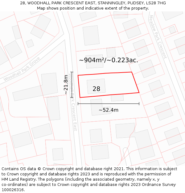 28, WOODHALL PARK CRESCENT EAST, STANNINGLEY, PUDSEY, LS28 7HG: Plot and title map