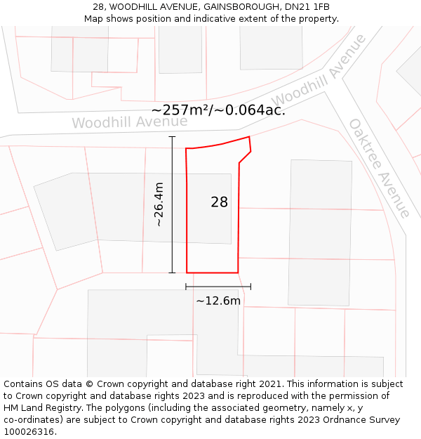 28, WOODHILL AVENUE, GAINSBOROUGH, DN21 1FB: Plot and title map