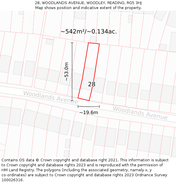 28, WOODLANDS AVENUE, WOODLEY, READING, RG5 3HJ: Plot and title map