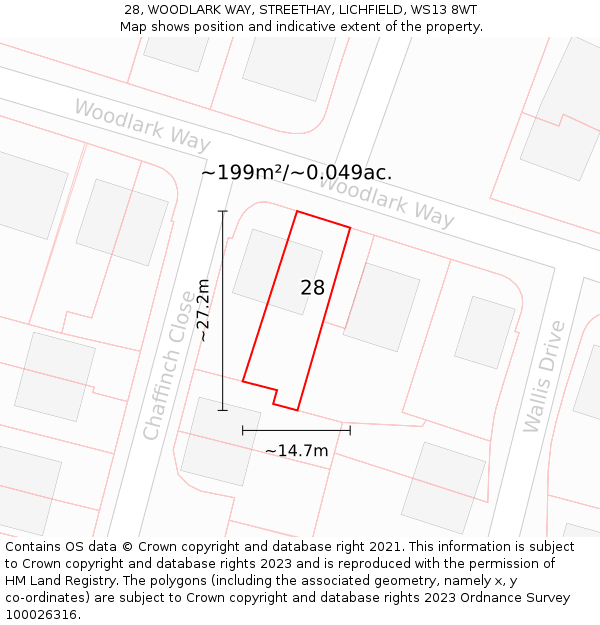 28, WOODLARK WAY, STREETHAY, LICHFIELD, WS13 8WT: Plot and title map