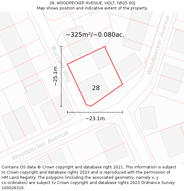 28, WOODPECKER AVENUE, HOLT, NR25 6GJ: Plot and title map