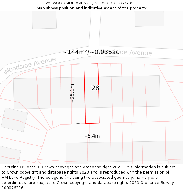 28, WOODSIDE AVENUE, SLEAFORD, NG34 8UH: Plot and title map