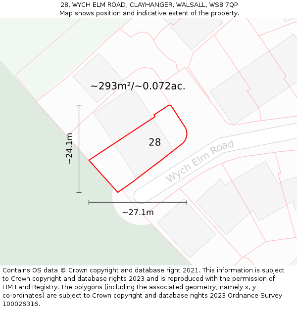 28, WYCH ELM ROAD, CLAYHANGER, WALSALL, WS8 7QP: Plot and title map