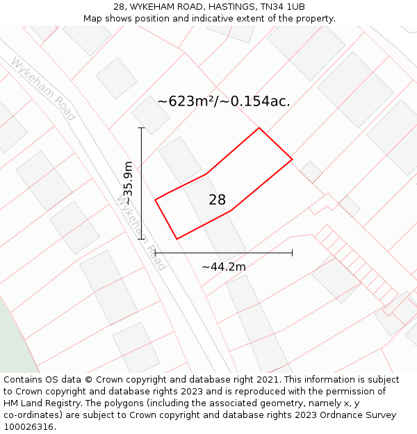 28, WYKEHAM ROAD, HASTINGS, TN34 1UB: Plot and title map