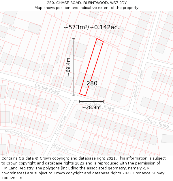 280, CHASE ROAD, BURNTWOOD, WS7 0DY: Plot and title map