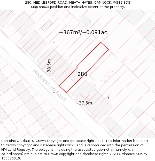 280, HEDNESFORD ROAD, HEATH HAYES, CANNOCK, WS12 3DS: Plot and title map