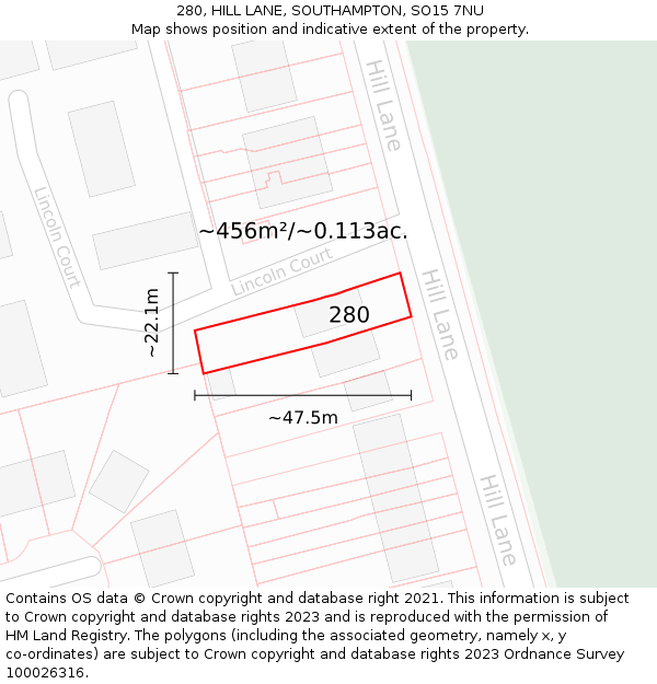 280, HILL LANE, SOUTHAMPTON, SO15 7NU: Plot and title map