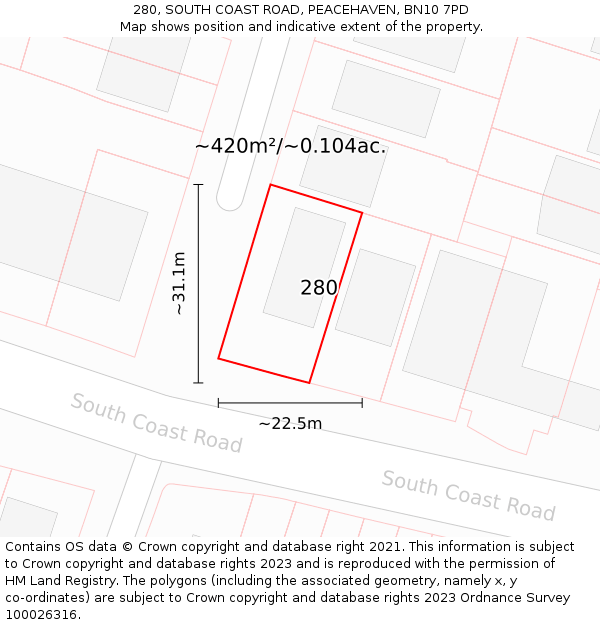 280, SOUTH COAST ROAD, PEACEHAVEN, BN10 7PD: Plot and title map