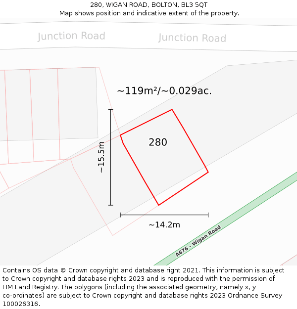 280, WIGAN ROAD, BOLTON, BL3 5QT: Plot and title map