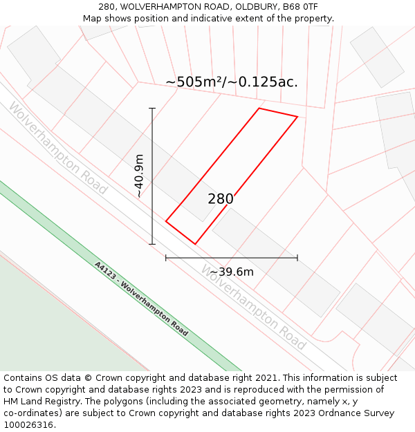 280, WOLVERHAMPTON ROAD, OLDBURY, B68 0TF: Plot and title map