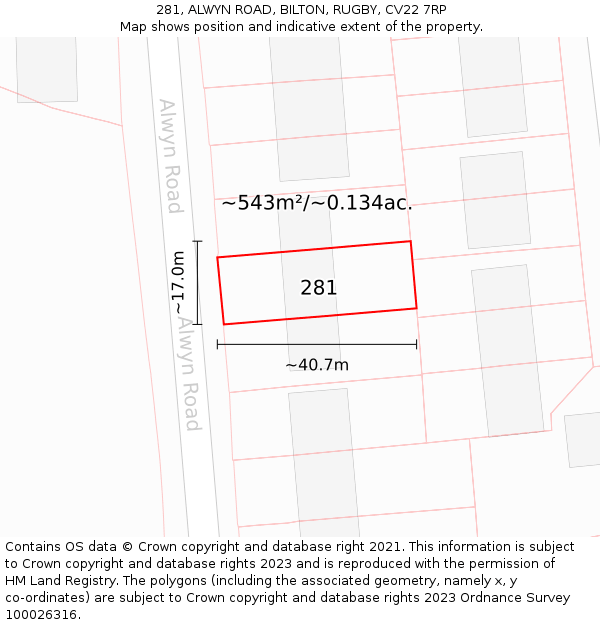 281, ALWYN ROAD, BILTON, RUGBY, CV22 7RP: Plot and title map