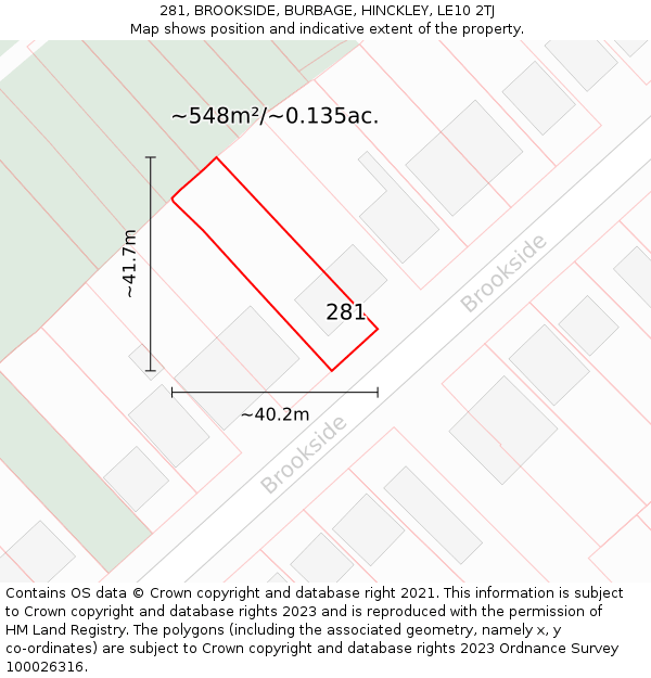 281, BROOKSIDE, BURBAGE, HINCKLEY, LE10 2TJ: Plot and title map