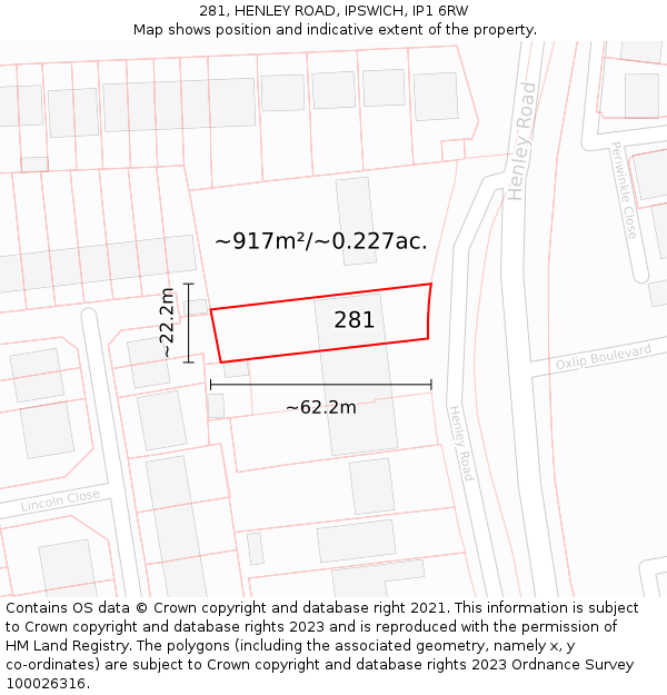 281, HENLEY ROAD, IPSWICH, IP1 6RW: Plot and title map