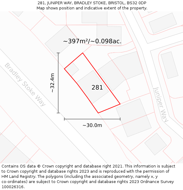 281, JUNIPER WAY, BRADLEY STOKE, BRISTOL, BS32 0DP: Plot and title map