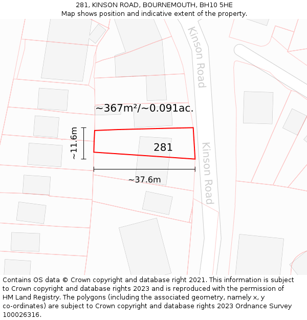 281, KINSON ROAD, BOURNEMOUTH, BH10 5HE: Plot and title map