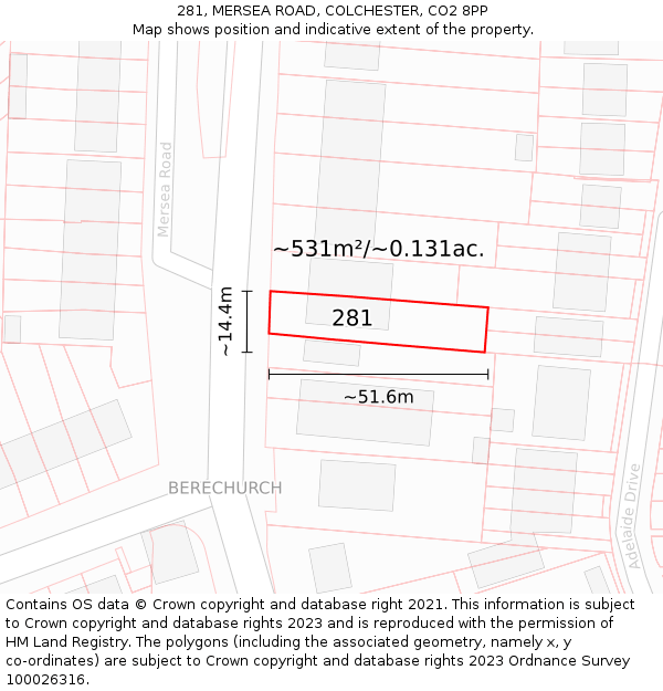 281, MERSEA ROAD, COLCHESTER, CO2 8PP: Plot and title map