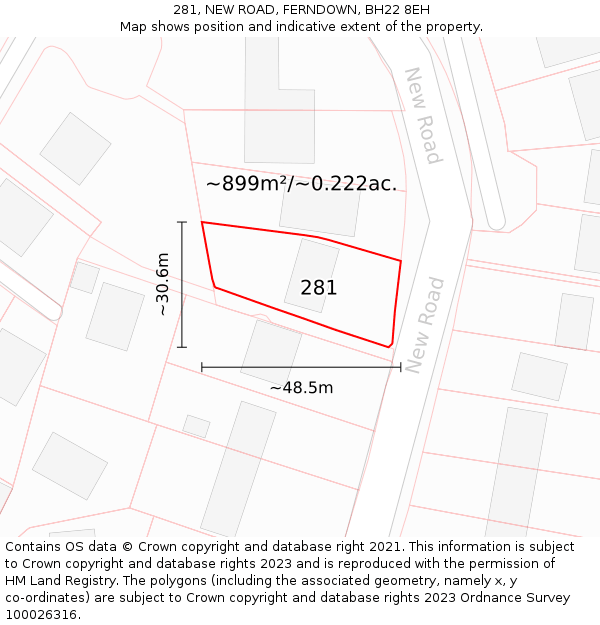 281, NEW ROAD, FERNDOWN, BH22 8EH: Plot and title map